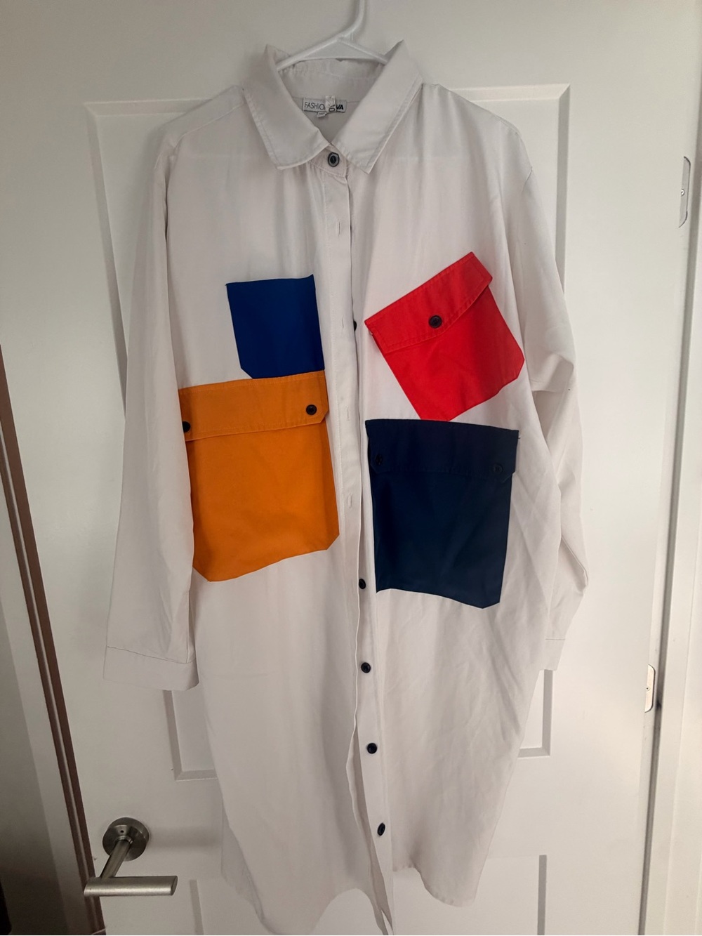 Color-Block Longline Shirt Jacket with Pockets - White